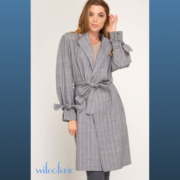 Wife of Eric Jackets & Blazers - Glen Plaid Belted Duster Trench Rain Coat Gray